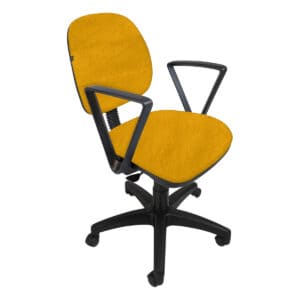 Silla de oficina ergonómica con respaldo amarillo y brazos negros para comodidad y estilo.
