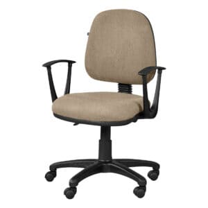 Silla de oficina ergonómica beige con soporte lumbar y ruedas para un trabajo cómodo y eficiente. Id.