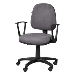 Silla de oficina ergonómica gris con respaldo y brazos ajustables, ideal para espacios de trabajo y.