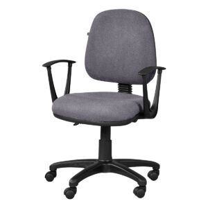 Silla de oficina ergonómica gris con respaldo y ruedas para comodidad y movilidad. Ideal para espaci.