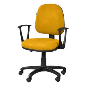 Silla de oficina ergonómica amarilla con respaldo y ruedas para oficina moderna.