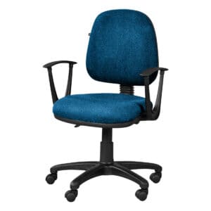 Silla de oficina ergonómica azul con soporte lumbar y ruedas para un movimiento fácil. Ideal para es.