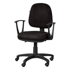 Silla de oficina ergonómica negra con respaldo y brazos ajustables, ideal para espacios de trabajo e.