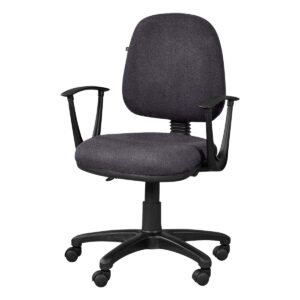 Silla de oficina ergonómica con respaldo y asiento acolchonados en gris oscuro, ideal para espacios.