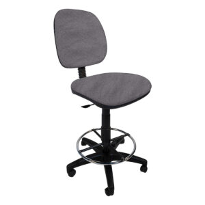 Silla de oficina ergonómica gris para trabajo y estudio, con ajuste de altura y ruedas para movilida.