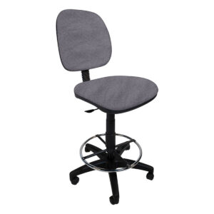 Silla de oficina ergonómica gris para trabajo y estudio, con altura ajustable y ruedas para movilida.