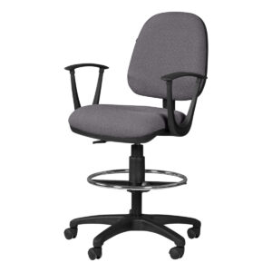 Silla de oficina ergonómica gris con soporte ajustable y ruedas para comodidad y movilidad.