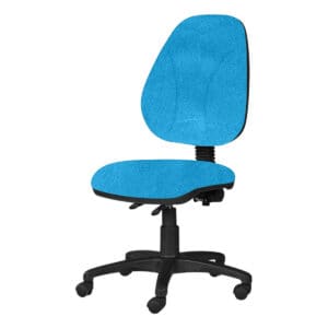 Silla de oficina ergonómica azul para trabajo y estudio, con soporte lumbar y ruedas para movilidad.