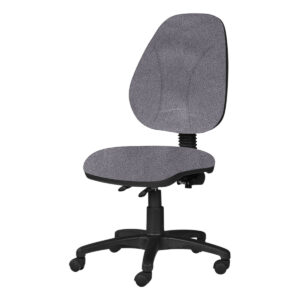 Silla de oficina ergonómica gris con respaldo y base ajustable.