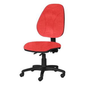 Silla de oficina ergonómica roja con respaldo y asiento acolchonados, ideal para espacios de trabajo.