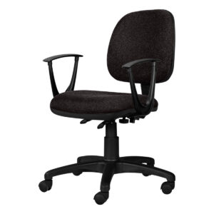Silla de oficina ergonómica negra con respaldo y brazos ajustables, ideal para espacios de trabajo e.