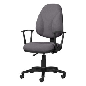 Silla de oficina ergonómica gris con respaldo alto y ruedas para un trabajo cómodo y eficiente. Idea.