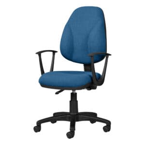 Silla de oficina ergonómica azul con soporte lumbar ajustable.
