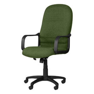 Silla de oficina ergonómica con respaldo y brazos en color verde oscuro. Ideal para espacios de trab.