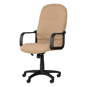 Silla de oficina ergonómica beige con brazos negros para trabajo cómodo y soporte lumbar.