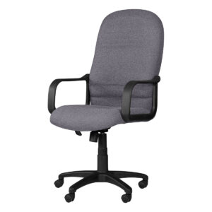 Silla de oficina ergonómica gris con soporte lumbar y ruedas.