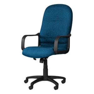 Silla de oficina ergonómica azul con respaldo alto y ruedas para un trabajo cómodo y eficiente. Idea.