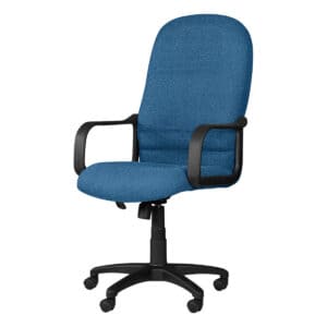 Silla de oficina ergonómica azul con respaldo alto y ruedas para un trabajo cómodo y eficiente.