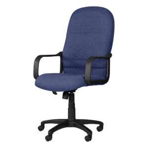 Silla de oficina azul ergonómica con soporte lumbar y ruedas.