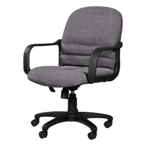 Silla de oficina ergonómica gris con brazos y base giratoria para oficina moderna.