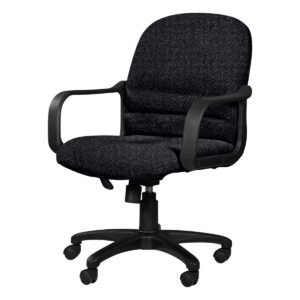 Silla de oficina ergonómica negra con soporte lumbar y ruedas para un movimiento fácil. Ideal para e.