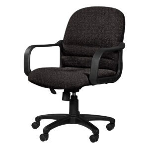 Silla de oficina ergonómica negra con soporte lumbar y ruedas para un movimiento fácil. Ideal para e.