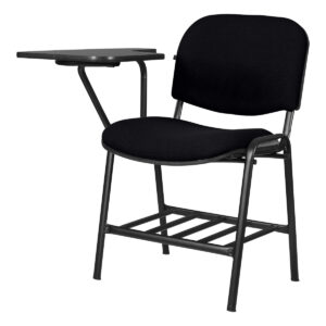 Silla de oficina negra con escritorio acoplado para espacios de trabajo eficientes.