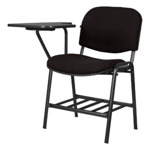 Silla de oficina negra con escritorio acoplado para espacios de trabajo eficientes.