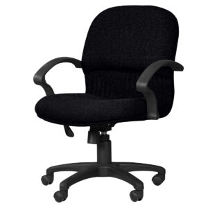 Silla de oficina ergonómica negra con soporte lumbar y ruedas para un trabajo cómodo y eficiente. Id.