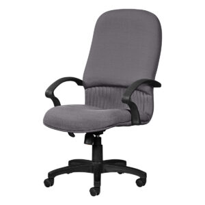Silla de oficina ergonómica gris con respaldo alto y ruedas para comodidad y movilidad. Ideal para e.
