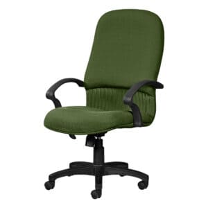 Silla de oficina ergonómica en color verde con respaldo alto y ruedas. Ideal para espacios de trabaj.