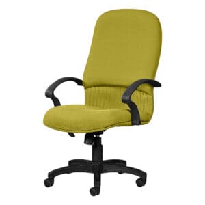 Silla de oficina ergonómica en color verde limón con soporte lumbar y ruedas, ideal para espacios de.