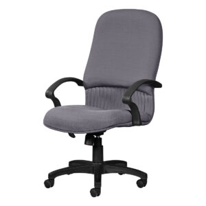 Silla de oficina ergonómica gris con soporte lumbar y ruedas para un trabajo cómodo y eficiente. Ide.