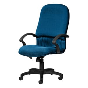 Silla de oficina ergonómica azul con respaldo acolchado y ruedas para comodidad y movilidad. Ideal p.