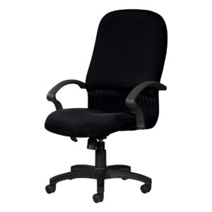 Silla de oficina ergonómica negra con respaldo alto y ruedas para oficina moderna.