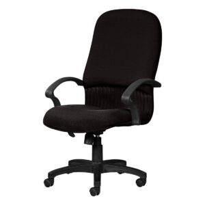 Silla de oficina ergonómica negra con respaldo alto y ruedas para comodidad y movilidad.
