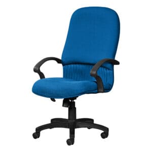 Silla de oficina ergonómica azul con respaldo alto y ruedas para comodidad y movilidad. Ideal para e.