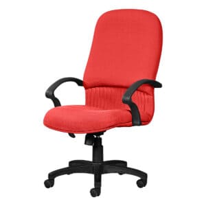 Silla de oficina ergonómica roja con respaldo acolchado y brazos negros, ideal para espacios de trab.