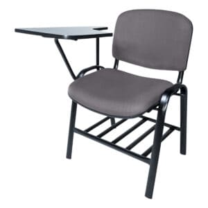 Silla de oficina con escritorio ajustable y soporte para laptop.