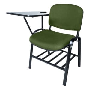 Silla de oficina con escritorio adjunto, ideal para espacios de trabajo y estudio. Diseño funcional.