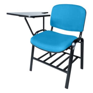 Silla de oficina con escritorio ajustable y cojín azul para trabajo y estudio.