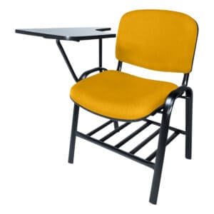 Silla de oficina con escritorio adjunto en color amarillo y estructura negra, ideal para espacios de.