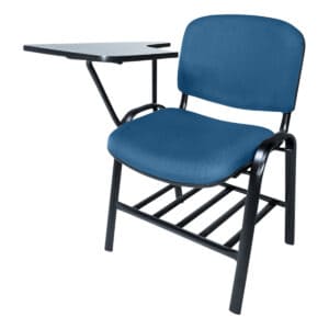 Silla de oficina con escritorio adjunto, ideal para espacios de trabajo y estudio. Diseño funcional.