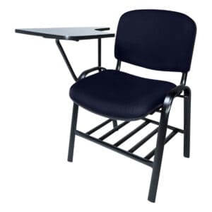 Silla de oficina con escritorio adjunto, ideal para espacios de trabajo y estudio. Diseño funcional.
