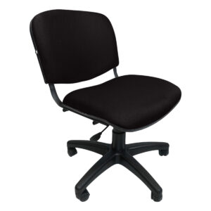 Silla de oficina negra con respaldo y asiento acolchonados, ideal para espacios de trabajo y estudio.