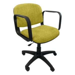 Silla de oficina ergonómica con asiento y respaldo en tela verde y estructura negra. Ideal para espa.