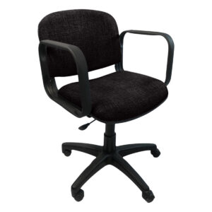 Silla de oficina ergonómica negra con soporte lumbar y ruedas para oficina moderna.