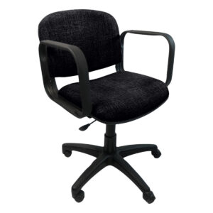 Silla de oficina ergonómica negra con respaldo y asiento acolchonados, ideal para espacios de trabaj.