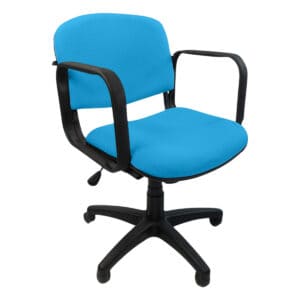 Silla de oficina azul con respaldo y asiento acolchonados, ideal para espacios de trabajo y oficina.