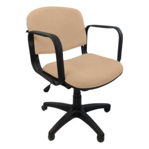 Silla de oficina beige con brazos y base ajustable, ideal para espacios de trabajo y oficina en casa.